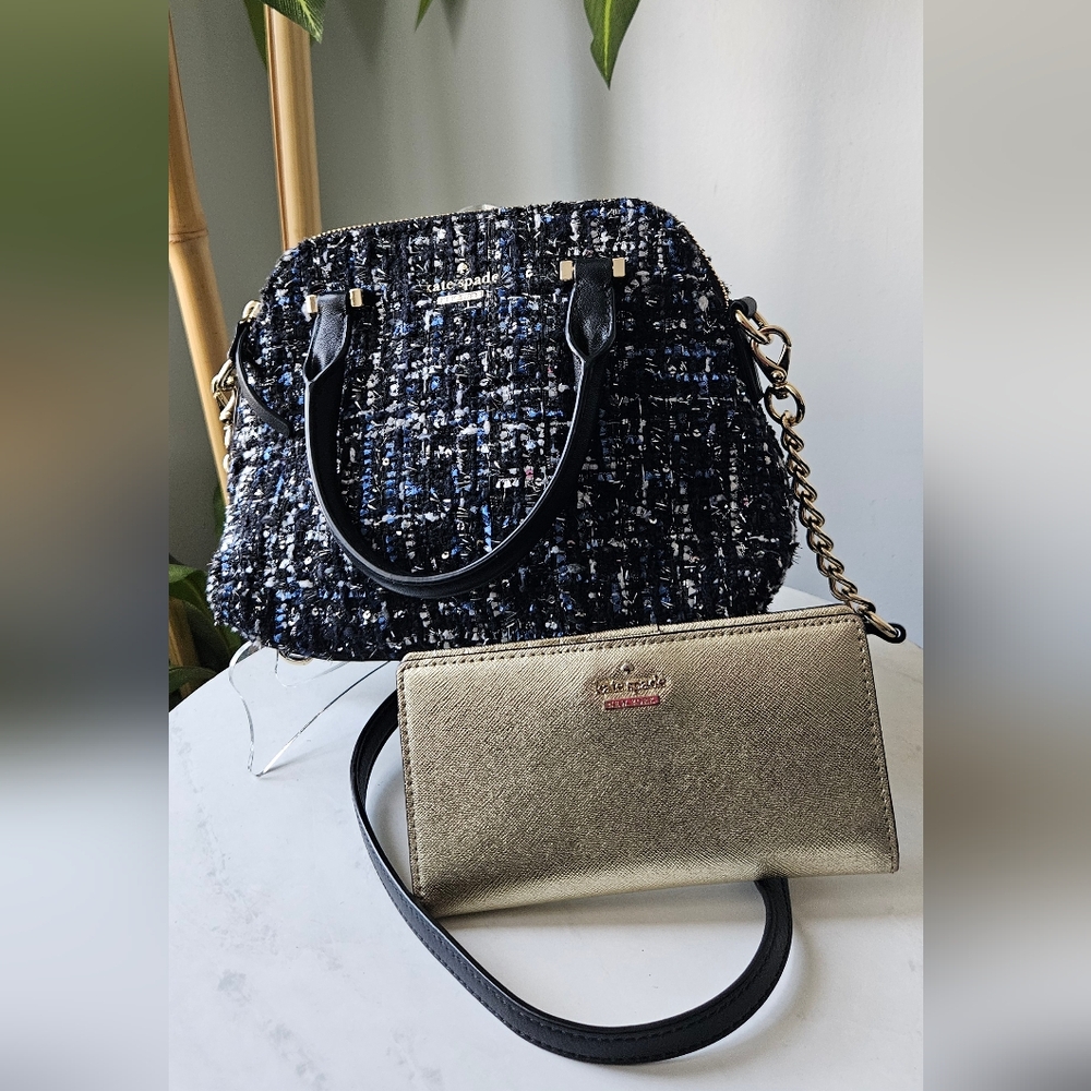 Kate Spade Black and Blue Tweed Crossbody Handbag & Metallic Gold Wallet  Bundle